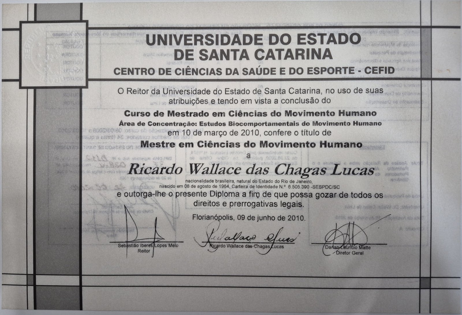 Diploma de Mestre em Ciências do Movimento Humano — UDESC (2010)