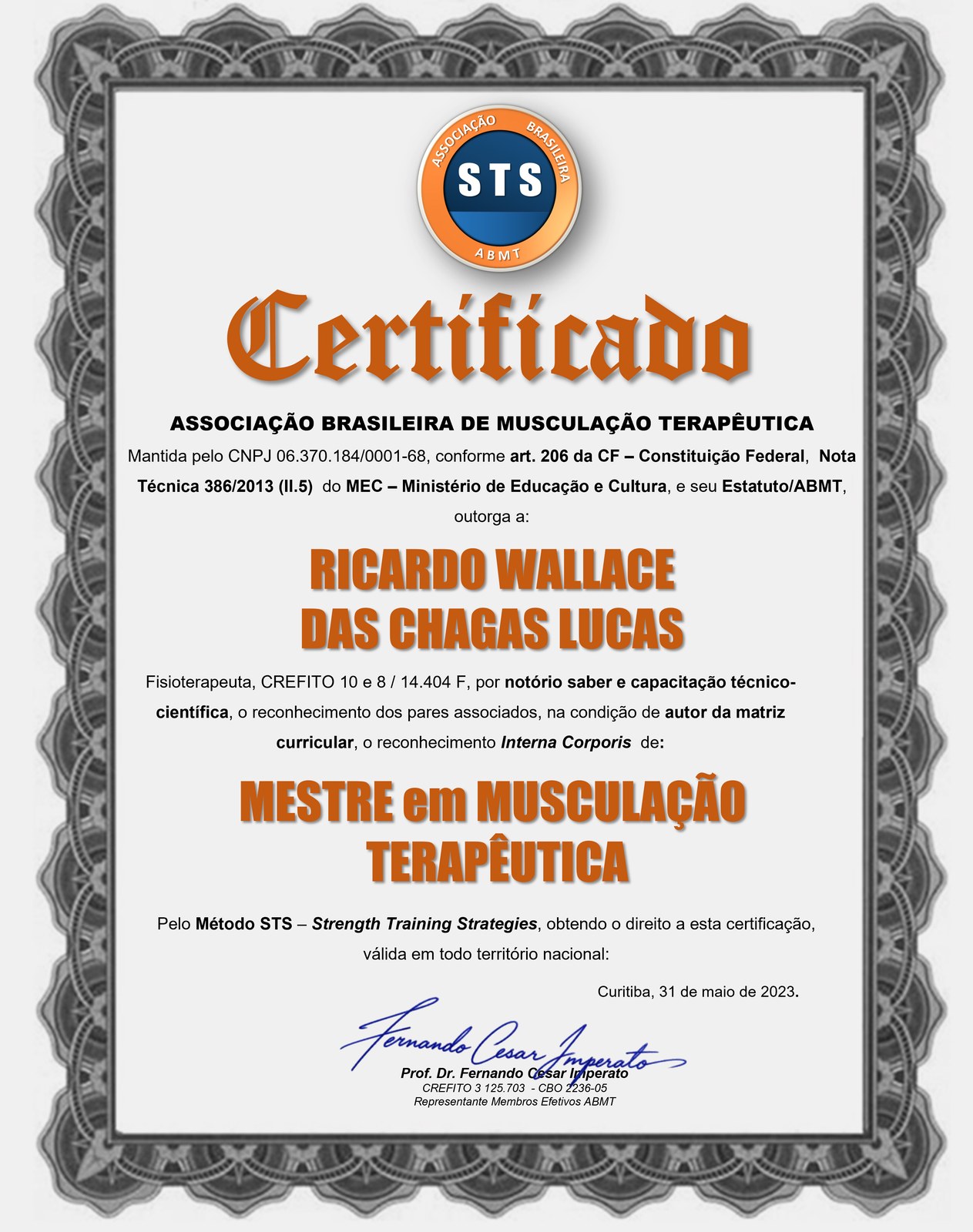 Certificado de Mestre em Musculação Terapêutica pelo Método STS, reconhecimento Interna Corporis — ABMT (2023)